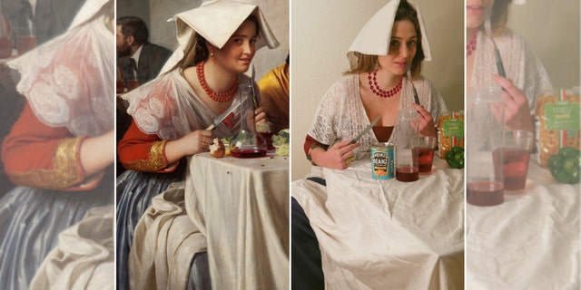 Elanor Barnett, 27, recreated "A Roman Osteria" by Carl Bloch.