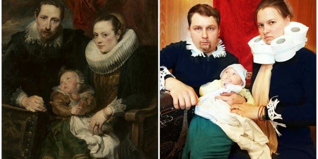Julia Panfilova and her family recreated "Family Portrait" by Anthony Van Dyck, albeit with toilet paper rolls.