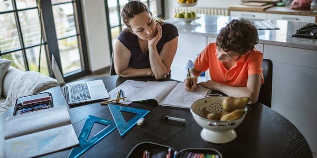 Mother homeschooling teenage boy from home on a dinner table.They are self-isolating from Covid-19. (iStock)