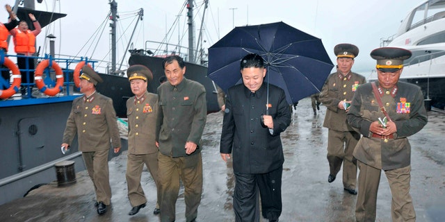 Kim Jong-un is seen inspecting the fishery station at Wonsan on North Korea's east coast in thie 2013 photo, with a luxury yacht seen in the background.