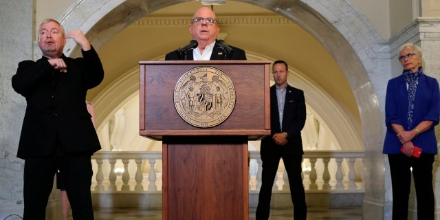 Maryland Gov. Larry Hogan talks about the state's response to coronavirus during a news conference on Wednesday, March 25, 2020, in Annapolis, Md.