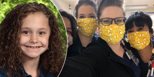 Lexi Collins, 10, and nurses at Anson General Hospital showing off coronavirus masks she hand-sewed. (McCauley-Smith Funeral Home/Anson General Hospital)