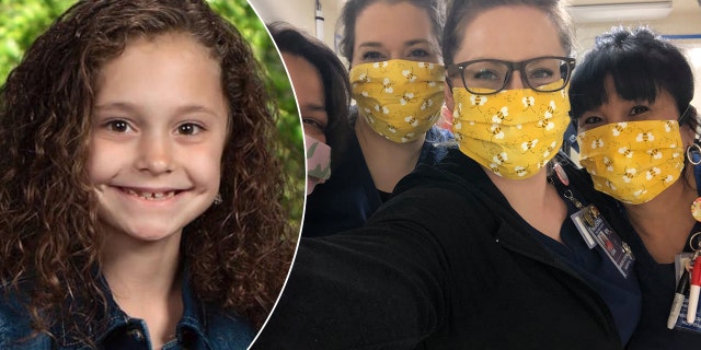 Lexi Collins, 10, and nurses at Anson General Hospital showing off coronavirus masks she hand-sewed. (McCauley-Smith Funeral Home/Anson General Hospital)