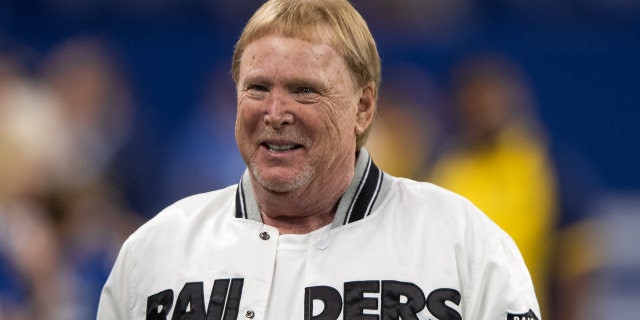 INDIANAPOLIS, IN - SEPTEMBER 29: Oakland Raiders owner Mark Davis talks to Oakland Raiders general manager Mike Mayock before the NFL game between the Oakland Raiders and the Indianapolis Colts on September 29, 2019 at Lucas Oil Stadium, in Indianapolis, IN. (Photo by Zach Bolinger/Icon Sportswire via Getty Images)