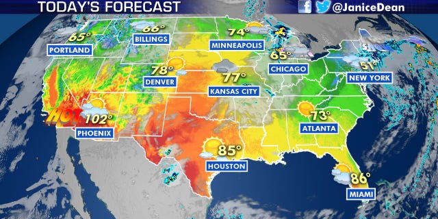 Below-average temperatures are forecast in the Northeast due to a lingering storm system, while hot weather continues across the Southwest.