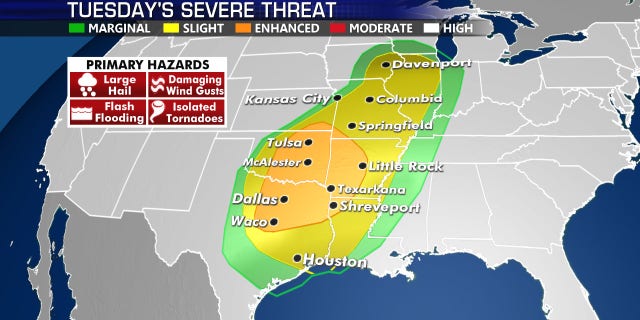 An enhanced area of severe weather is forecast for Tuesday across areas that have already seen several severe weather outbreaks this year.