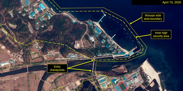 This Wednesday, April 15, 2020, satellite image provided by Airbus Defence & Space and annotated by 38 North, a website specializing in North Korea studies, shows an overview of the Wonsan complex in Wonsan, North Korea. Recent satellite photos show a train probably belonging to North Korean leader Kim Jong Un has been spotted.