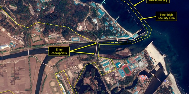 This Wednesday, April 15, 2020, satellite image provided by Airbus Defence & Space and annotated by 38 North, a website specializing in North Korea studies, shows an overview of the Wonsan complex in Wonsan, North Korea. Recent satellite photos show a train probably belonging to North Korean leader Kim Jong Un has been spotted.