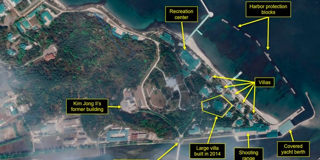 This Tuesday, April 21, 2020, satellite image provided by Maxar Technologies and annotated by 38 North, a website specializing in North Korea studies, shows an overview of the Wonsan complex in Wonsan, North Korea.
