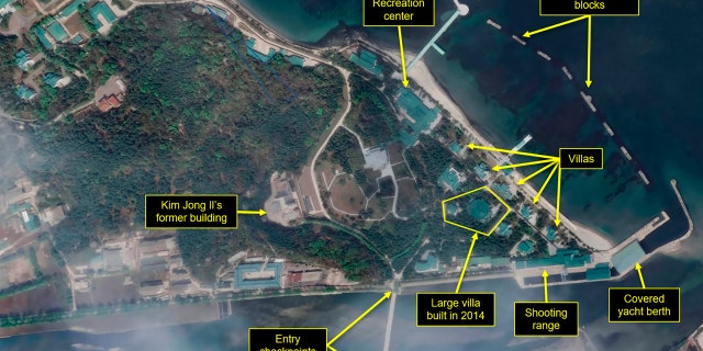 This Tuesday, April 21, 2020, satellite image provided by Maxar Technologies and annotated by 38 North, a website specializing in North Korea studies, shows an overview of the Wonsan complex in Wonsan, North Korea.