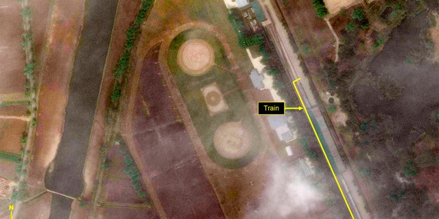 This Tuesday, April 21, 2020, satellite image provided by Maxar Technologies and annotated by 38 North, a website specializing in North Korea studies, shows the Leadership Railway Station in Wonsan, North Korea.
