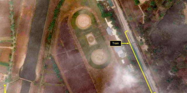 This Tuesday, April 21, 2020, satellite image provided by Maxar Technologies and annotated by 38 North, a website specializing in North Korea studies, shows the Leadership Railway Station in Wonsan, North Korea.