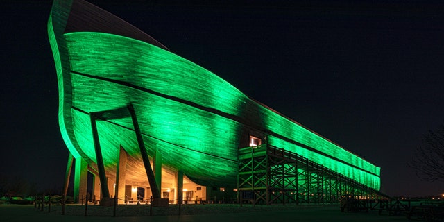 The Ark Encounter, located in Kentucky about 40 miles south of Cincinnati, is shown lit up in green at night when it demonstrated support against the coronavirus pandemic.