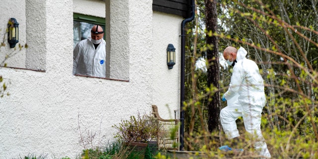 Police investigators at the home in Lorenskog near Oslo, after Anne-Elisabeth Hagen's husband Tom Hagen was arrested for investigation into the disappearance of his wife, April 28.