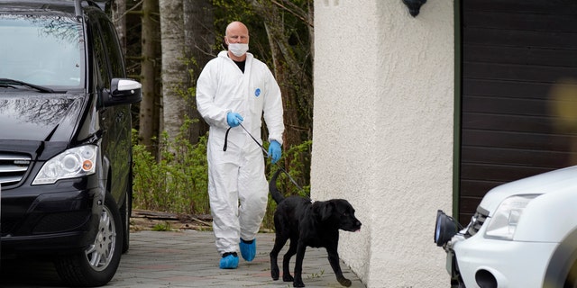 Police investigators at the home in Lorenskog near Oslo, after Anne-Elisabeth Hagen's husband Tom Hagen was arrested for investigation into the disappearance of his wife, April 28.