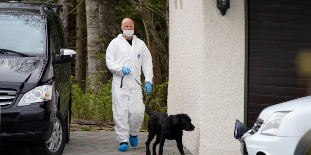 Police investigators at the home in Lorenskog near Oslo, after Anne-Elisabeth Hagen's husband Tom Hagen was arrested for investigation into the disappearance of his wife, April 28.