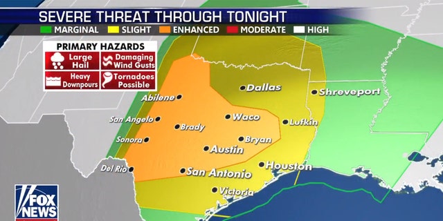 The threat of severe thunderstorms, including tornadoes, includes much of west Texas into parts of Oklahoma on Saturday.