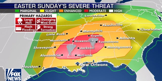 A severe weather outbreak is forecasted for Easter Sunday across the Southeast, with the greatest threats in Louisiana, Mississippi, and into Alabama.