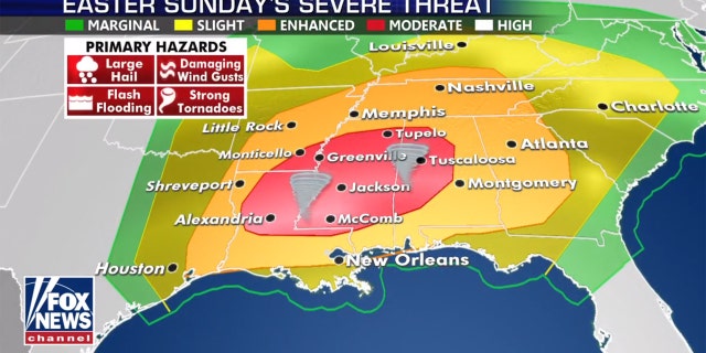 A severe weather outbreak is forecasted for Easter Sunday across the Southeast, with the greatest threats in Louisiana, Mississippi, and into Alabama.