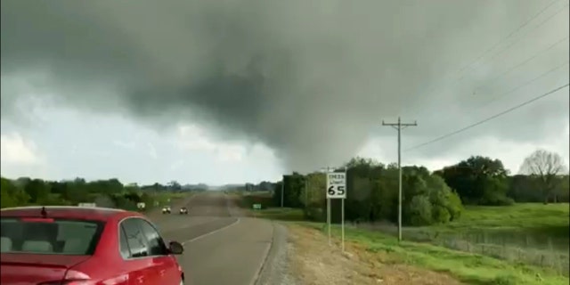 This image made from video provided by Thomas Marcum shows a tornado seen from State Highway 48 in Durant, Okla., Wednesday, April 22, 2020.