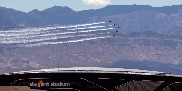 The U.S. Air Force Air flight demonstration squadron, the Thunderbirds, show their support for frontline COVID-19 healthcare workers and first responders with a flyover in Las Vegas, Saturday, April 11, 2020.