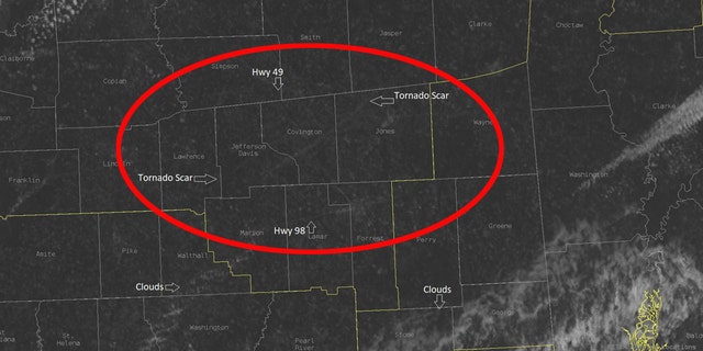 Tornado scars can be seen in Mississippi on satellite after severe storms on Easter Sunday, including a violent tornado that traveled over 60 miles.