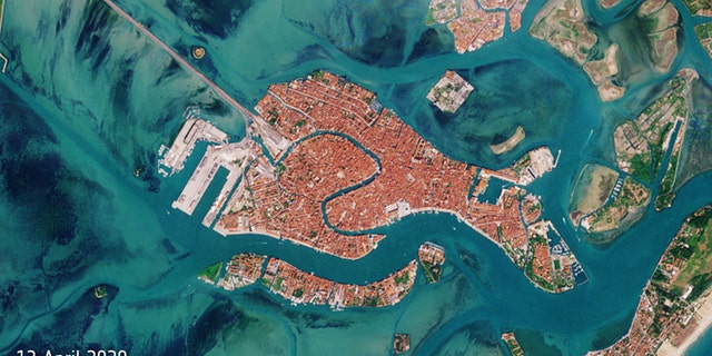 The satellite image of Venice captured April 13, 2020, by the European Space Agency's Copernicus Sentinels satellite fleet, which is dedicated to delivering data and imagery to the European Union's Copernicus environmental program. 