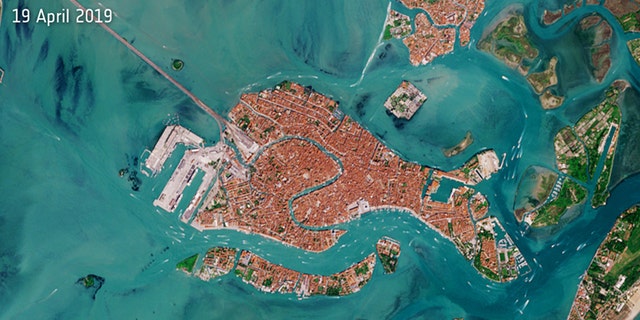 The satellite image of Venice captured April 19, 2019, by the European Space Agency's Copernicus Sentinels satellite fleet, which is dedicated to delivering data and imagery to the European Union's Copernicus environmental program. 