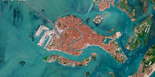 The satellite image of Venice captured April 19, 2019, by the European Space Agency's Copernicus Sentinels satellite fleet, which is dedicated to delivering data and imagery to the European Union's Copernicus environmental program. 