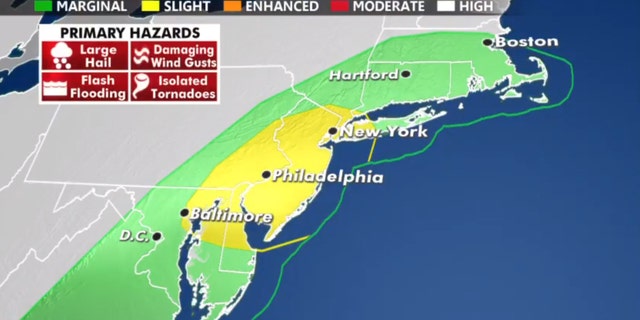 The threat of severe weather on Thursday stretches from Washington D.C. to New York City.