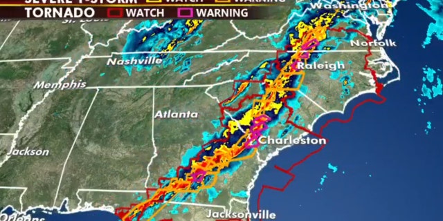 A line of severe thunderstorms continues marching towards the East Coast on Monday morning.