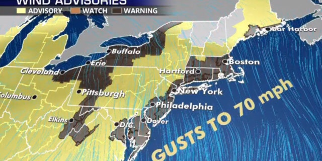 High wind warnings and advisories are in effect Monday from the Midwest into the Northeast due to a powerful storm system.