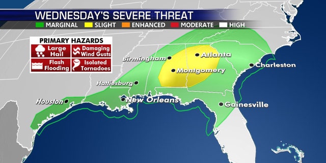 The severe weather threat shifts to the Southeast by Wednesday.