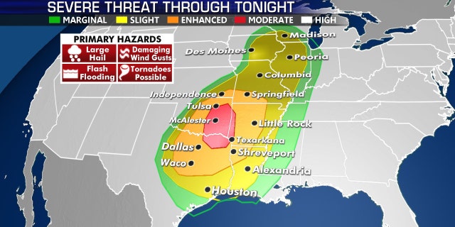 The threat for severe weather on Tuesday stretches from Texas to the Great Lakes.