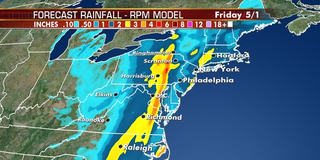 A storm system is forecast to bring heavy rain to the Mid-Atlantic and Northeast through Friday.