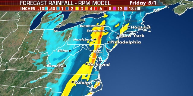 A storm system is forecast to bring heavy rain to the Mid-Atlantic and Northeast through Friday.