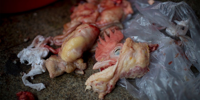 Chicken parts sit on the floor at a stall in the Shekou wet market in Shenzhen, China. (Brent Lewin/Bloomberg via Getty Images)