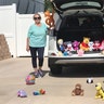 My wife was waiting for her six yr old granddaughter to just drive by, stay in the car due to quarantine restrictions in San Diego. My wife usually sees our granddaughter on a daily basis, because she picks her up from school everyday. So she decided to fill the car, and driveway with her stuffed animals to say hello. John Harris