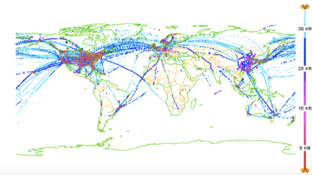 Aircraft-based operations across the globe in a 24-hour period as seen on May 4, 2020. Meteorological measurements taken from aircraft have plummeted by an average of 75 to 80 percent compared to normal due to the coronavirus pandemic, according to the World Meteorological Organization (WMO).