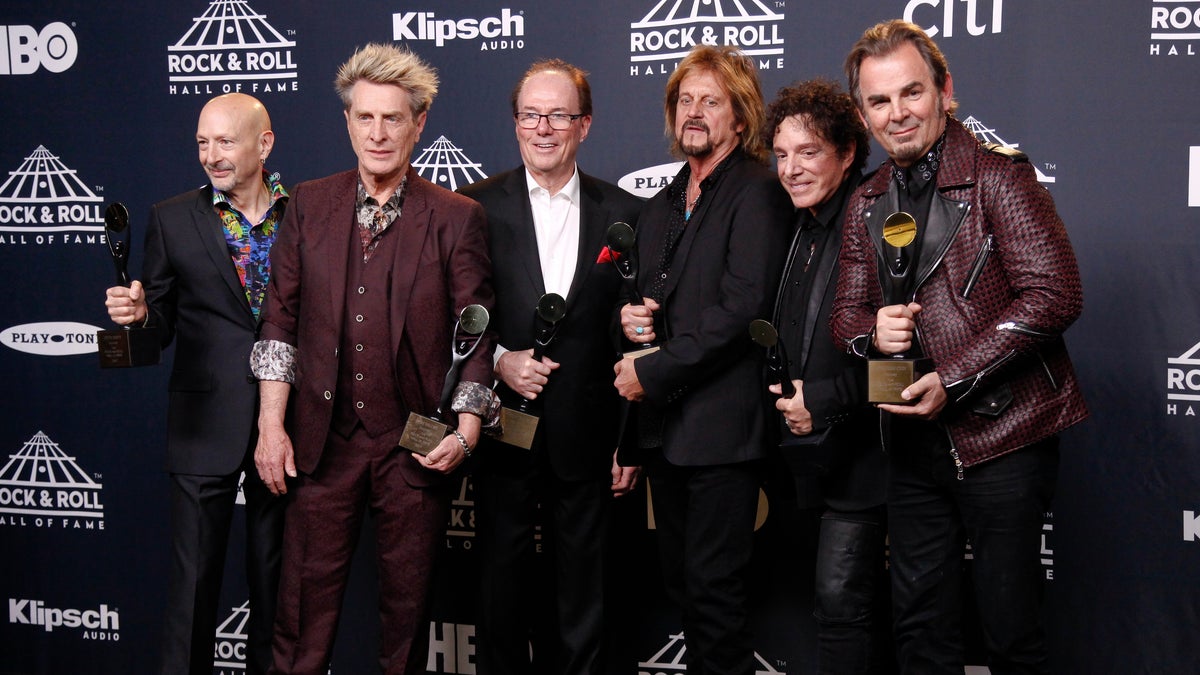 Members of Journey, from left, Steve Smith, Ross Valory, Aynsley Dunbar, Gregg Rolie, Neal Schon and Jonathan Cain at the 2017 Rock and Roll Hall of Fame induction ceremony in New York. 
