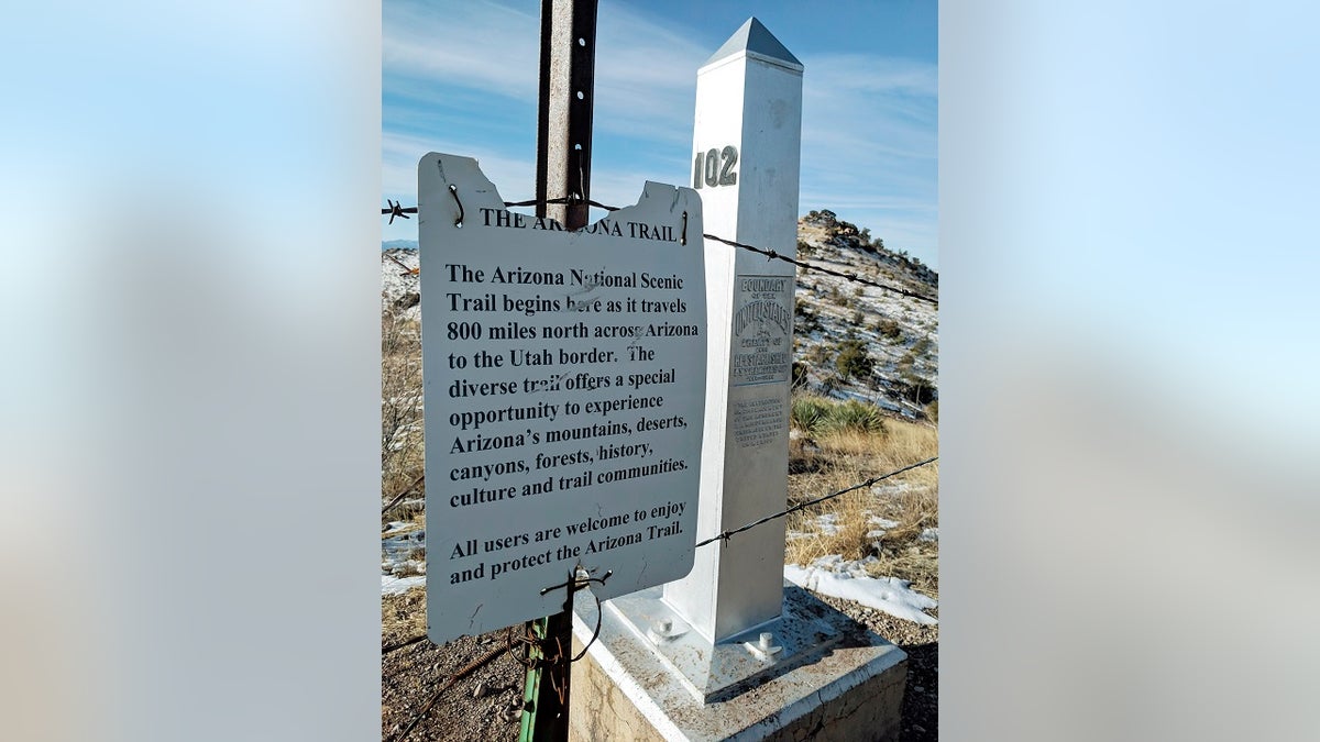 The southern terminus of the Arizona Trail, an 800-mile path that starts at the U.S.-Mexico border near Hereford, Ariz., and ends at the Utah border. (Tess Mullaney via AP)