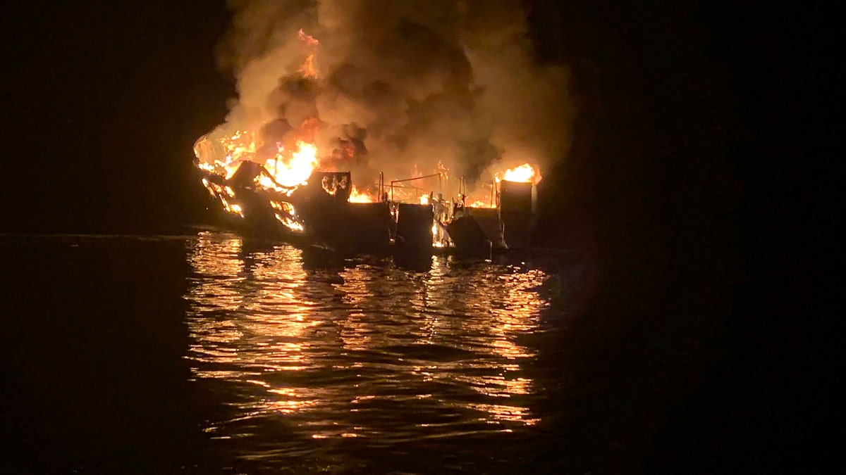 Firefighters respond to a fire aboard the Conception dive boat in the Santa Barbara Channel off the coast of Southern California on Sept. 2, 2019. (Santa Barbara County Fire Department via AP, File)