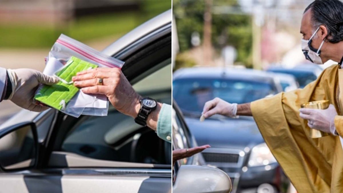 Cars line up at Church of the Intercessor in Malverne, N.Y., to receive Communion curbside each Sunday. The priests wear gloves and masks, and maintain social distance. Masks were also given out to those in need. Services are live-streamed at noon throughout the week and Sunday mornings. (America Together)