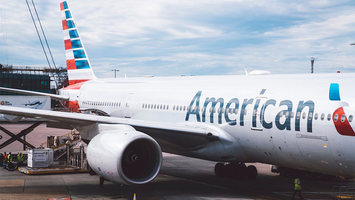 American Airlines Boeing 777 at Heathrow airport in London.