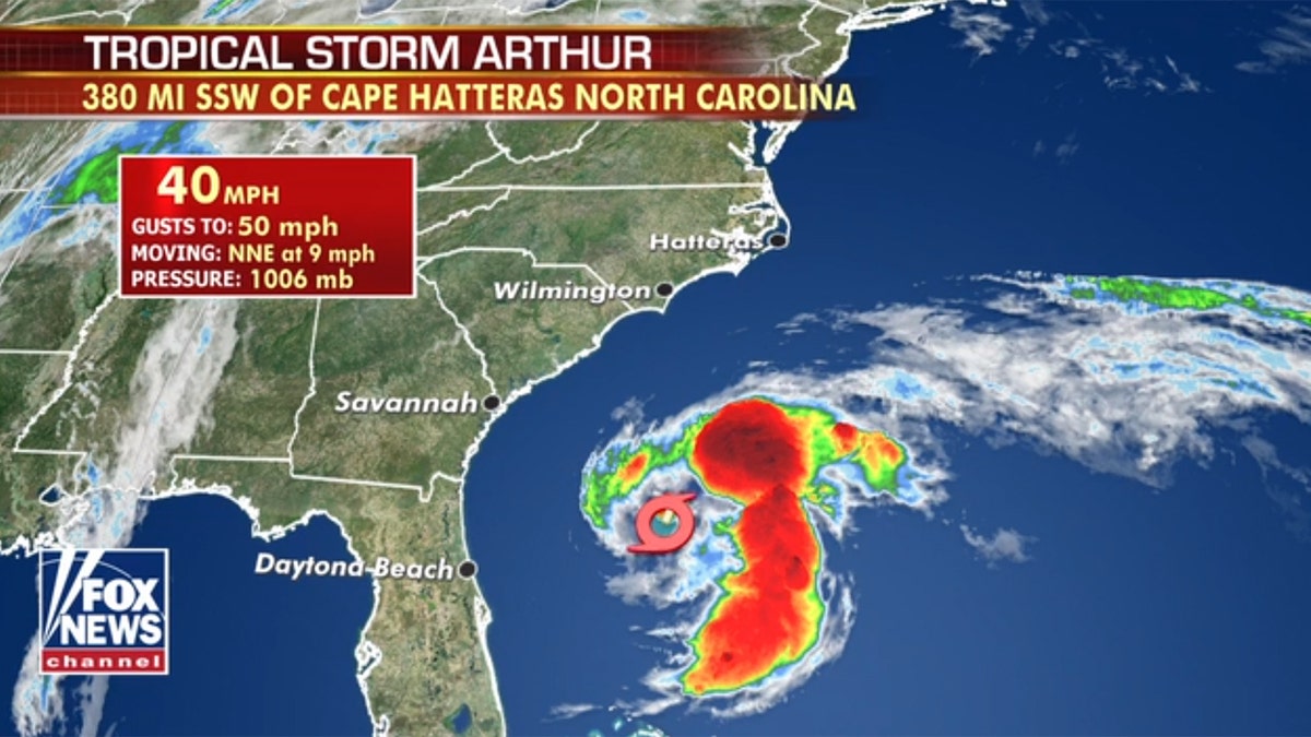 The location of Tropical Storm Arthur on Sunday morning.