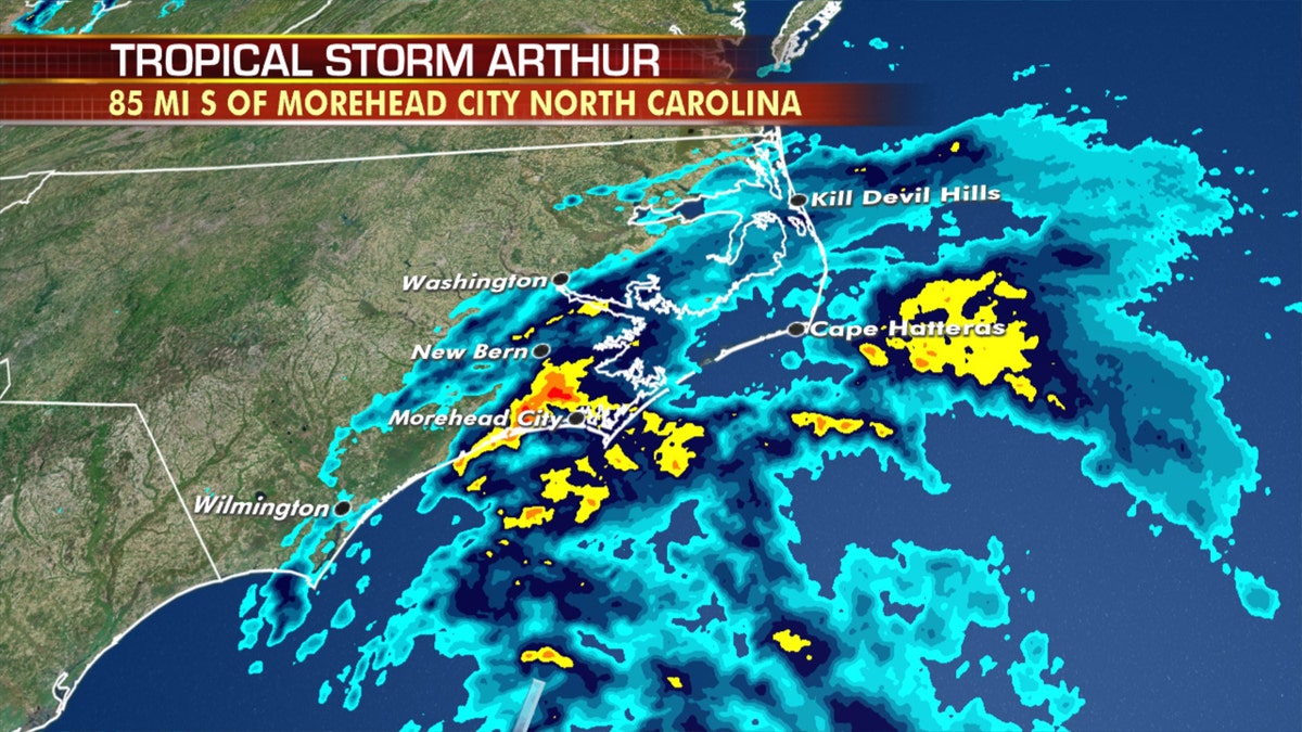 Tropical Storm Arthur is bringing heavy rain and gusty winds to Eastern North Carolina on Monday.