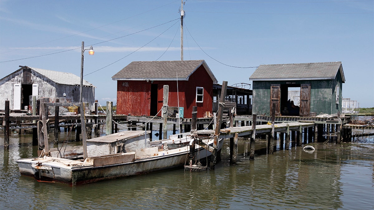 Workboats at crab shacks lining the waterway in the harbor of Tangier Island, Va., in 2012. (AP Photo/Steve Helber, File)