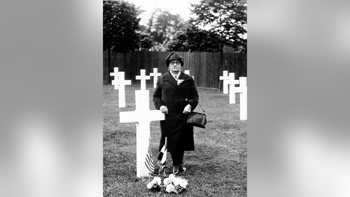 Great great grandmother Rosa Lorenz at her son's grave at Suresnes Cemetery in France, part of the Gold Star Mother Pilgrimage in 1930