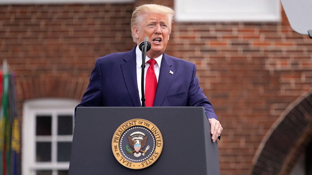 President Donald Trump speaks during a Memorial Day ceremony at Fort McHenry National Monument and Historic Shrine, Monday, May 25, 2020, in Baltimore. (AP Photo/Evan Vucci)