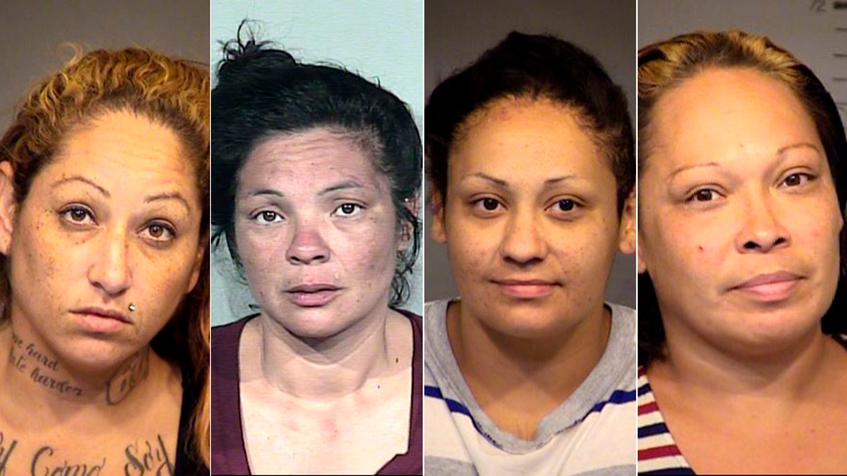 Mugshots for left to right Nadine Chavez, 34, Melissa Servin, 42, Mercedes Gomez, 32, and Christina Gomez, 39. (Mesa County Police Department)
